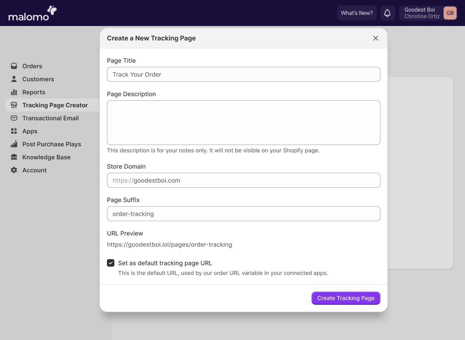 Two‑click Tracking Page Creator